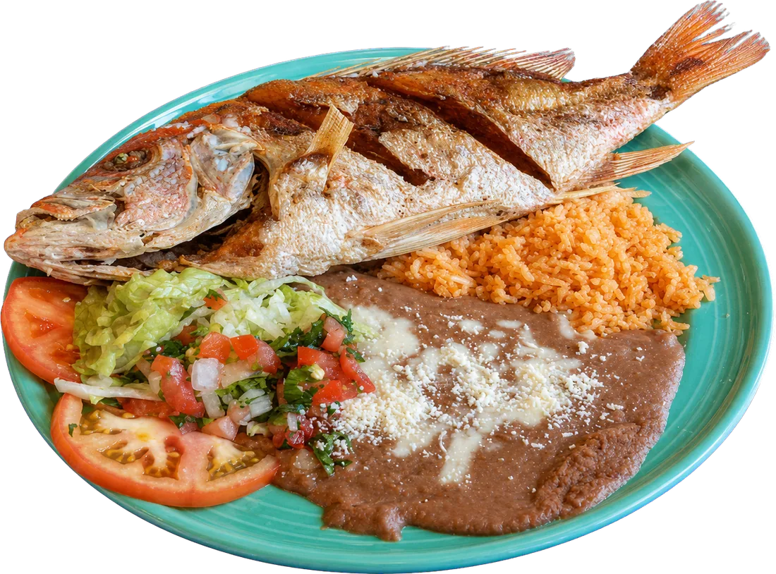 Whole Fried Fish — crispy whole fish with rice, beans, pico de gallo and tomato salad