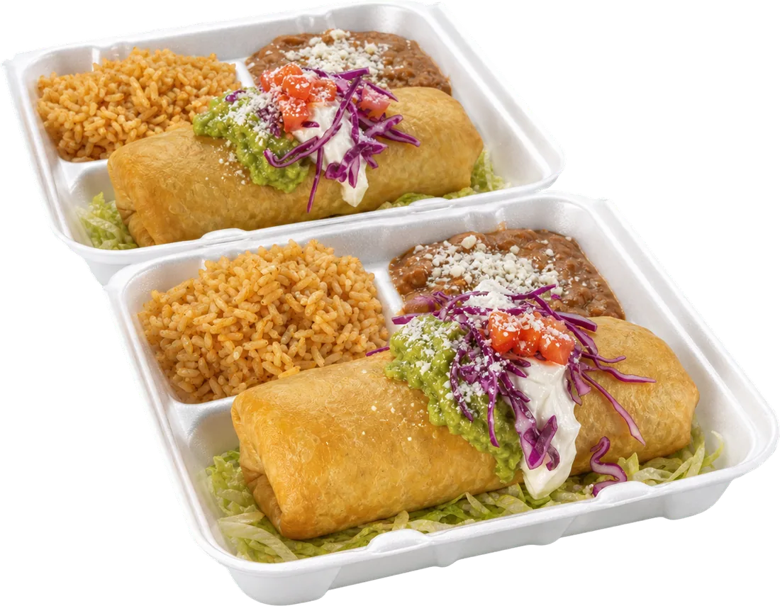 Chimichanga Supreme plates packed in to-go boxes